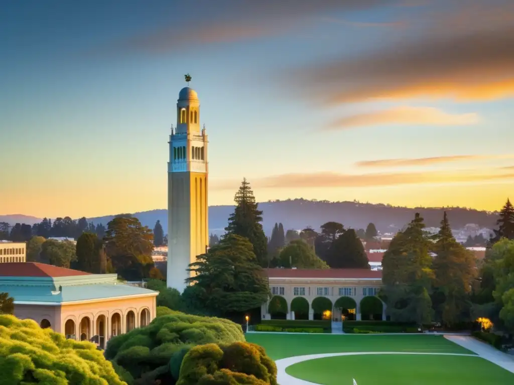 Atardecer en la Universidad de Berkeley Universidad de Berkeley al atardecer: Sather Tower, naturaleza y excelencia académica (Guía completa admisión Universidad Berkeley)