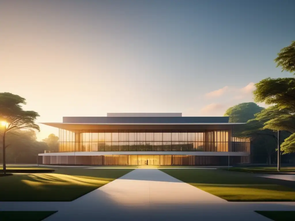 Universidad al atardecer Universidad al atardecer: Lush greenery, modern architecture, golden sunlight