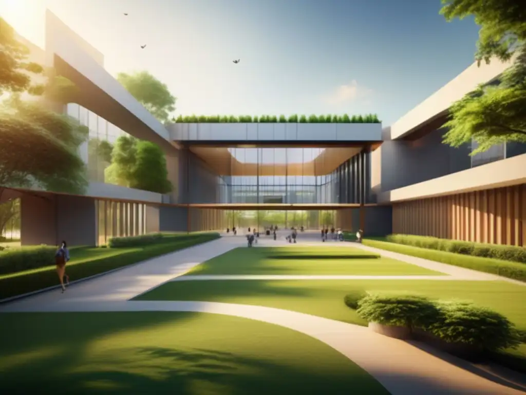 Campus universitario moderno y armonioso Universidad moderna con arquitectura impresionante, rodeada de naturaleza y vida académica, proceso de admisiones universitarias geología