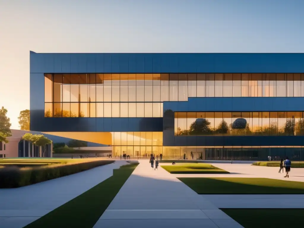 Campus universitario moderno al atardecer Universidad moderna al atardecer: arquitectura contemporánea, naturaleza y cultura MOOC en proceso de admisiones
