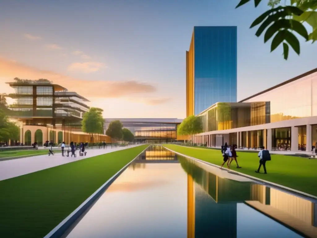 Universidad moderna al atardecer Universidad moderna al atardecer, con edificios de cristal dorado y estudiantes en traje, reflejo de excelencia académica