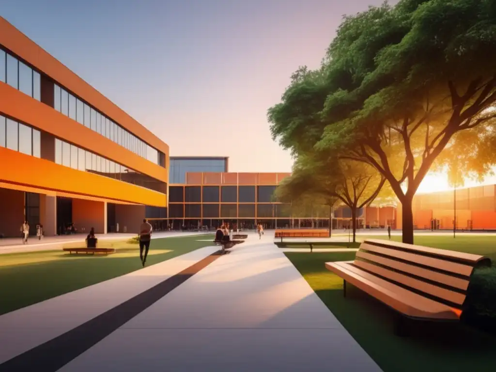 Campus universitario moderno al atardecer Universidad moderna al atardecer con estética minimalista - Ventajas de la IA en admisiones universitarias