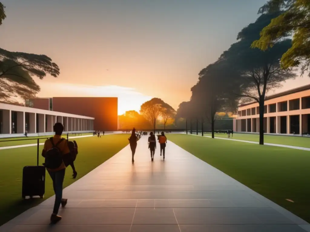 Campus universitario moderno al atardecer Universidad moderna al atardecer con ley de admisión actualizada