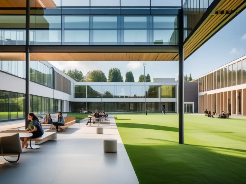 Universidad moderna y serena en Europa Universidad moderna en Europa: campus verde, edificio minimalista, estudiantes diversos en actividades académicas