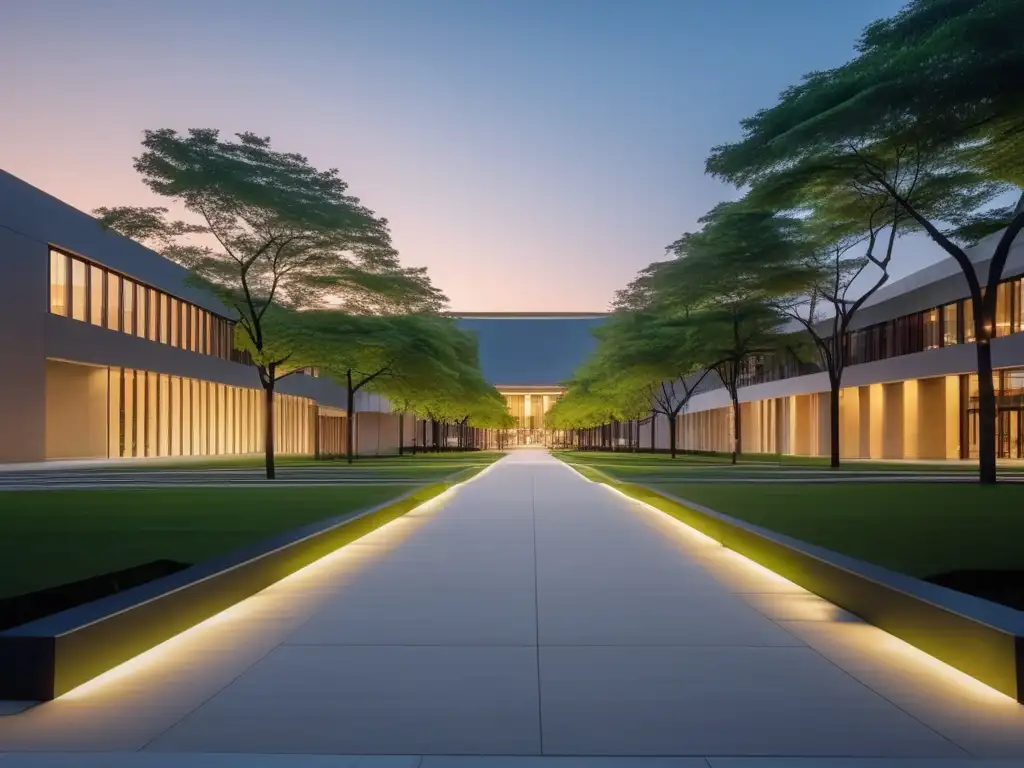 Campus universitario moderno al atardecer Universidad moderna con exámenes alternativos