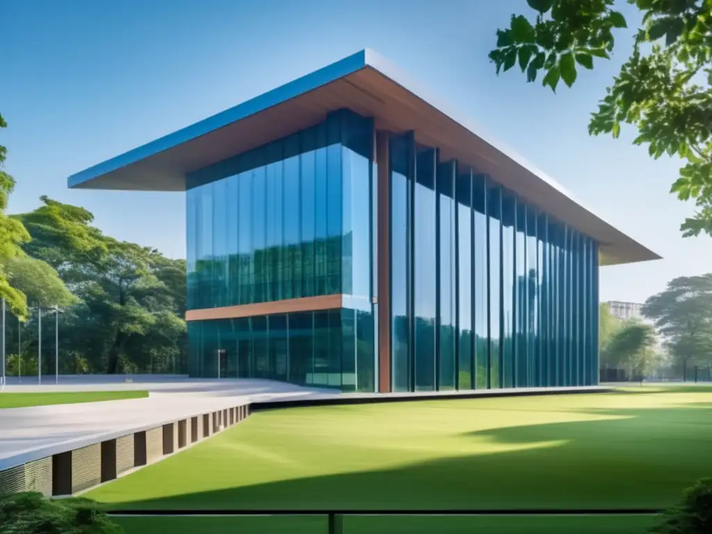 Edificio universitario moderno rodeado de naturaleza Universidad moderna rodeada de naturaleza y estudiantes en discusión, reflejando el poder educativo - Proceso de admisiones universitarias completo