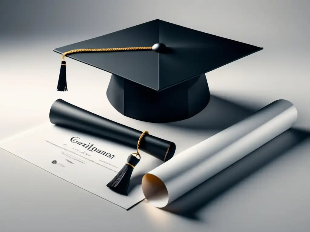 Graduación universitaria minimalista Graduación universitaria: elegante capa y diploma en superficie blanca