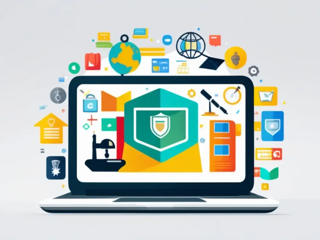 Laptop universitario con íconos coloridos Laptop universitario con iconos de estudio - Cursos online gratuitos admisiones universitarias