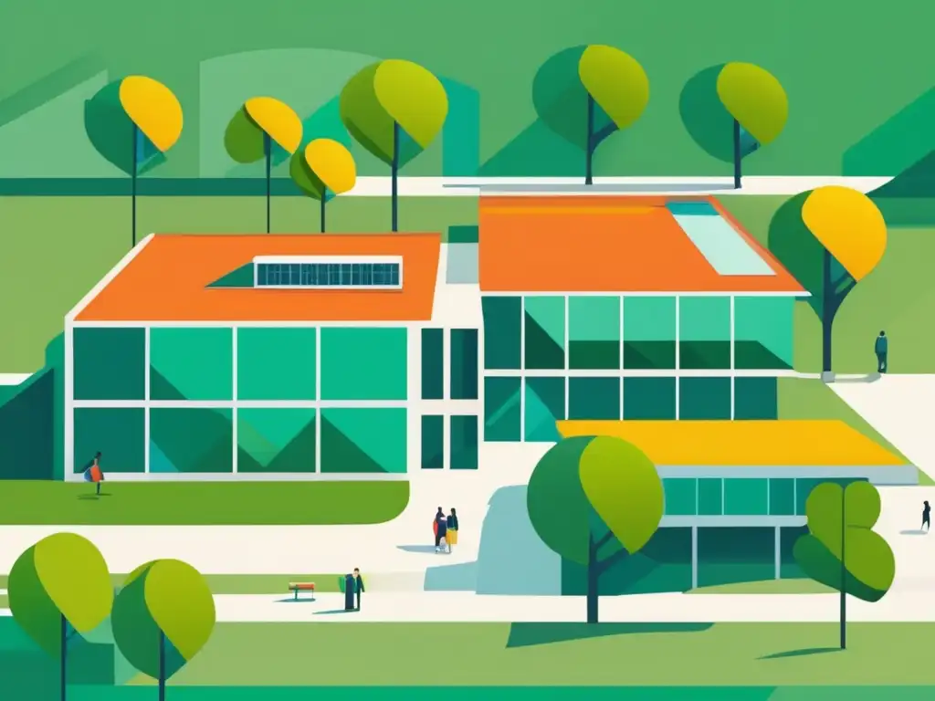 Campus universitario moderno y vibrante con estudiantes diverso Ventajas chatbots en admisiones universitarias: ilustración moderna y minimalista de campus con estudiantes diversidad y armonía