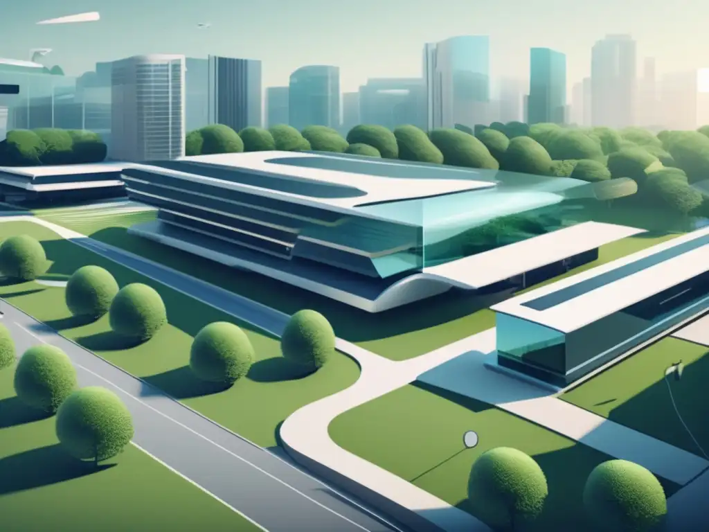 Ilustración futurista de un campus universitario con IA Ventajas y desafíos de la IA en admisiones universitarias: ilustración minimalista de un campus universitario con elementos futuristas