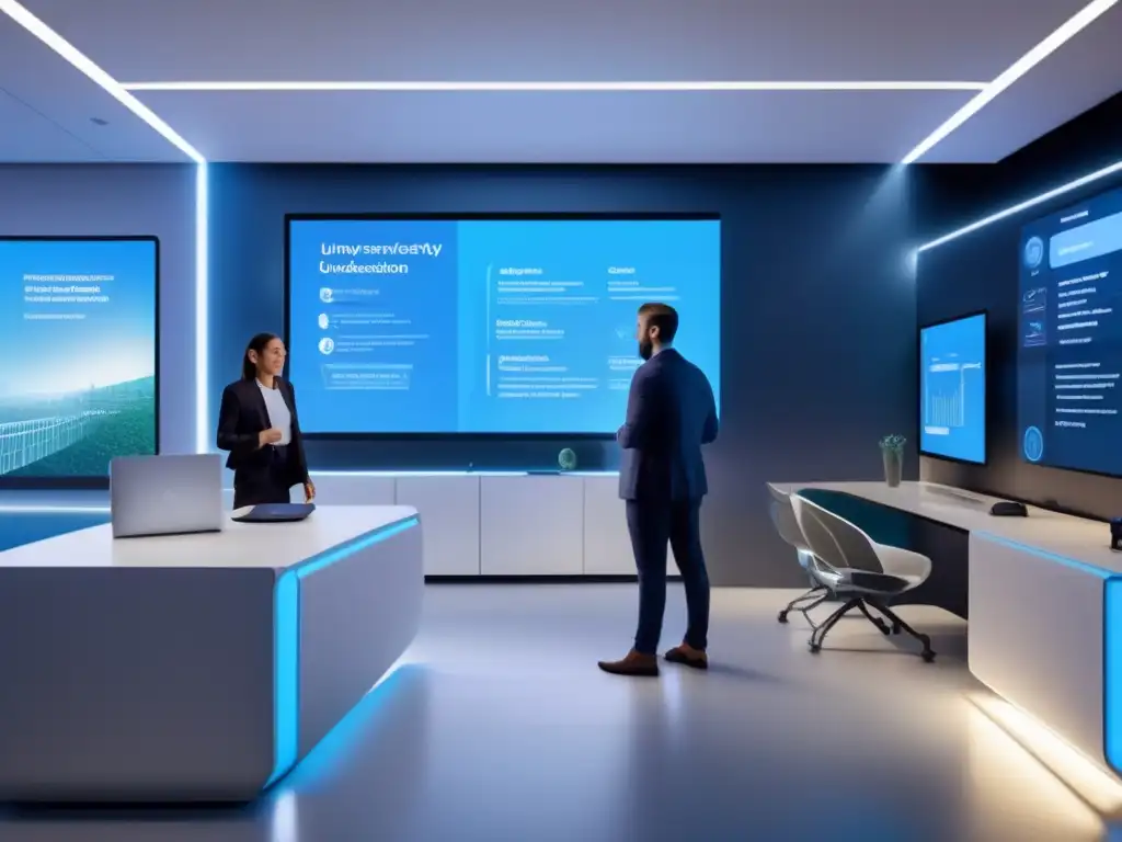 Oficina de admisiones universitarias futurista Ventajas y desafíos de la IA en admisiones universitarias en un despacho futurista y minimalista