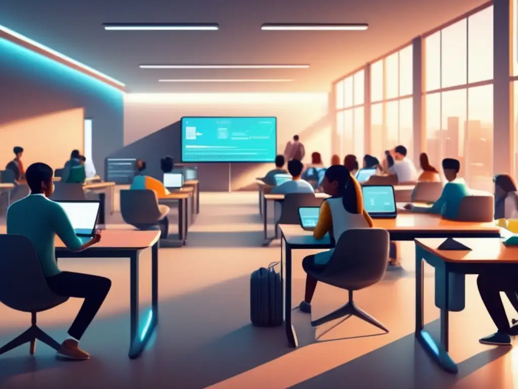 Estudiantes utilizando tecnología en un aula moderna Ventajas exámenes digitales proceso admisiones en aula futurista con estudiantes diversos