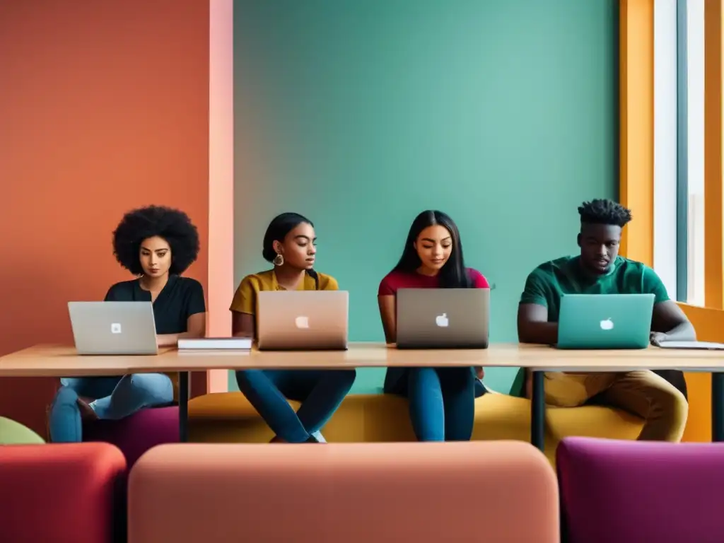 Estudiantes en línea buscando admisiones universitarias Ventajas plataformas virtuales admisiones universitarias: estudiantes enfocados y determinados en proceso de admisiones en línea