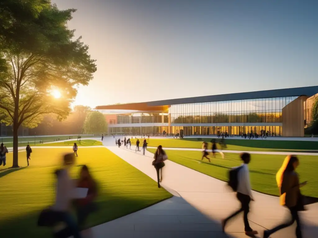 Universidad al atardecer, estudiantes caminando hacia el edificio principal Ventajas de prácticas profesionales en admisiones universitarias, campus al atardecer con arquitectura moderna, estudiantes caminando
