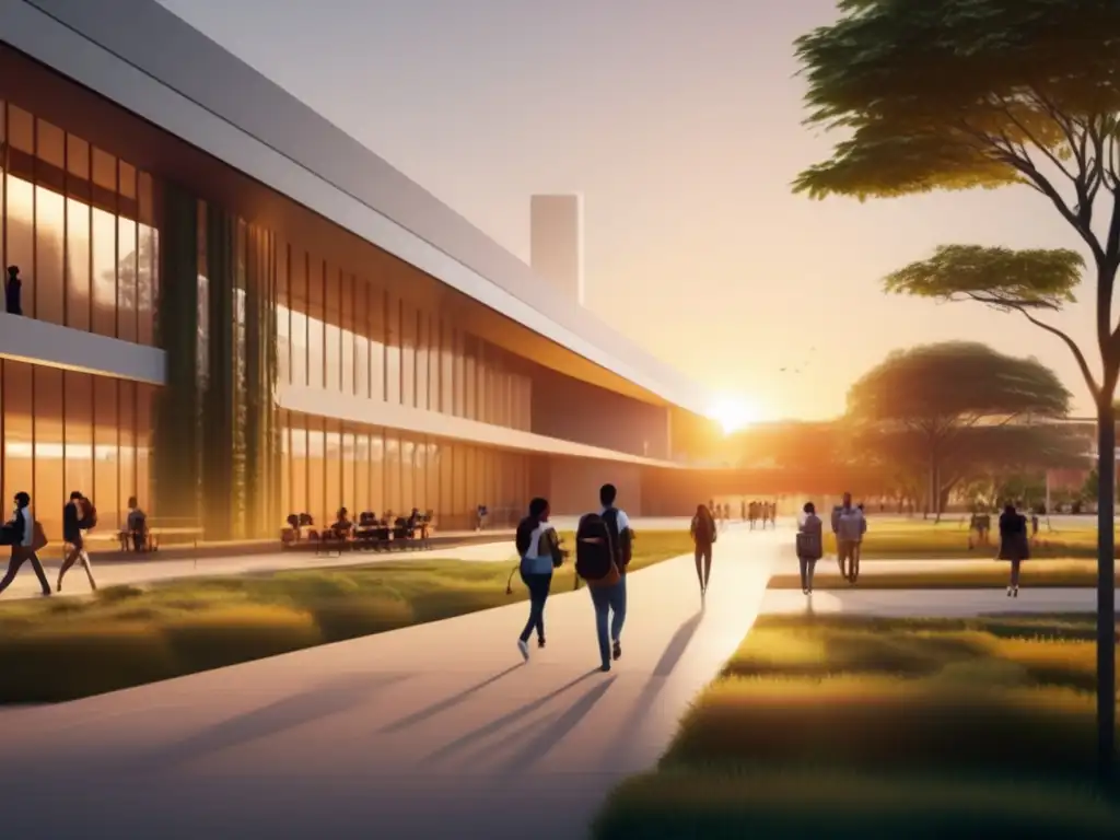 Campus universitario moderno al atardecer Ventajas transferencias universitarias: Campus moderno y vibrante con estudiantes caminando y edificios elegantes al atardecer