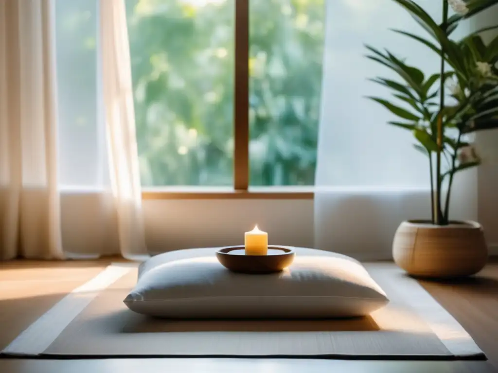 Espacio de meditación sereno y minimalista Serene sala meditación con vista jardín, decor minimalista, cojín meditación, planta bambú y difusor aceites