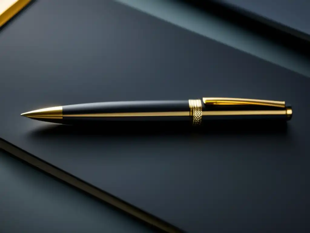 Estudio elegante: cuaderno negro con pluma dorada Preparación vocabulario examen admisión con elegante y moderno cuaderno negro y pluma dorada descansando sobre él