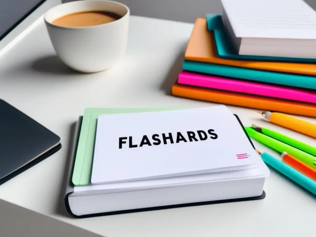 Escritorio blanco minimalista con flashcards coloridas Preparación vocabulario examen admisión: escritorio minimalista blanco con tarjetas de estudio y herramientas de escritura