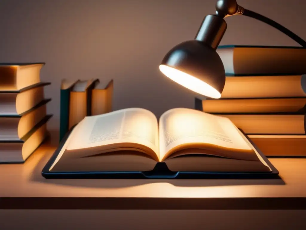Escritorio minimalista con libros y lupa Preparación vocabulario examen admisión: escritorio moderno con libros, lupa y luz cálida, fomenta estudio de sinónimos y antónimos