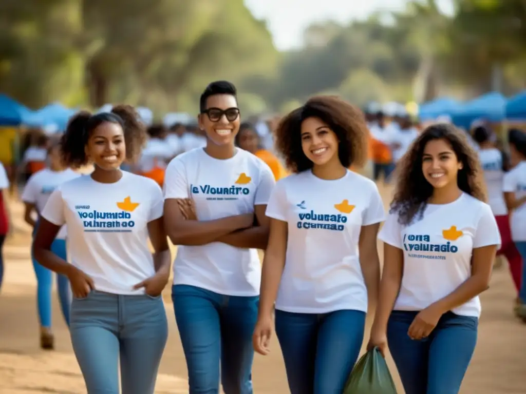Voluntarios comprometidos en acción Voluntarios comprometidos en diversas actividades de servicio comunitario, representando causas sociales, en una imagen moderna y vibrante